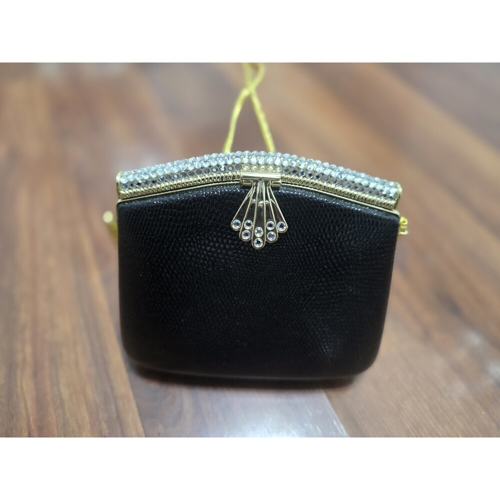 Vintage Black & Gold Rhinestone Chain Clasp Evening Clutch Bag Party Wedding